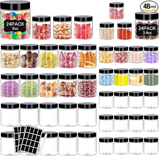 Plastic Jars with Lids 48 Pcs 8 oz & 3.4 oz Clear Plastic Slime Storage Jars Containers with Airtight Black Screw On Lids Cylinder Clear Round Jar Easy Clean Food Grade Durable Jar