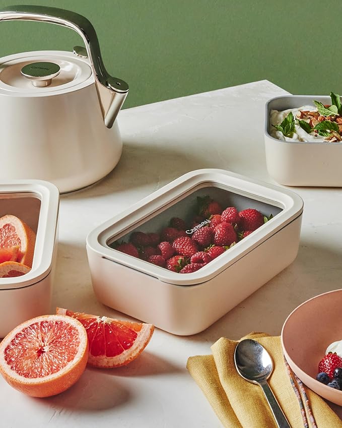 Caraway 2pc Glass Food Storage Set - 6.6 Cup Food Containers (2) - Ceramic Coated - Non Toxic, Non Stick Lunch Box with Lids. Dishwasher, Oven, & Microwave Safe - Navy