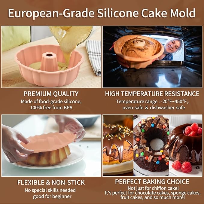 2 Pack Silicone Bundt Cake Pan Nonstick,10 Inch, Silicone Cake Molds,Pound Cake Pan, Baking for Jello,Gelatin,Cake,Brownie and Bread (Grey+Blue)