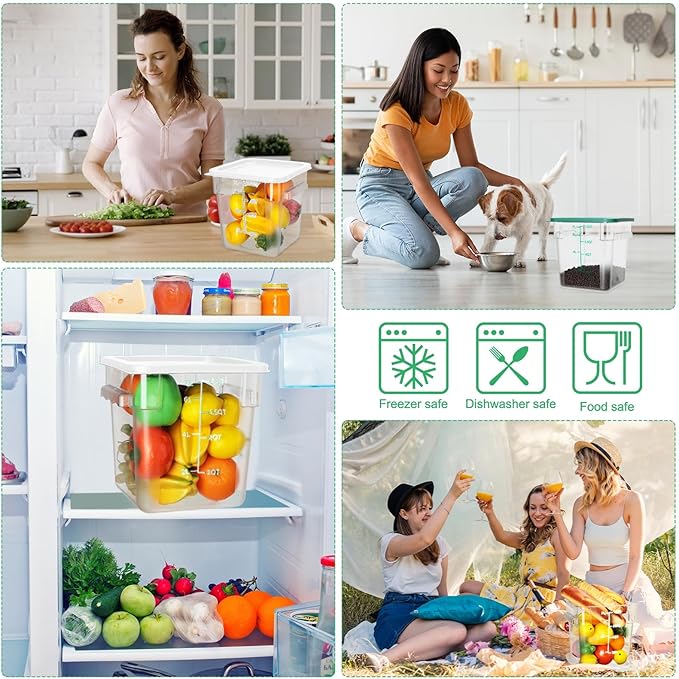 Lallisa 8 Pack 8 Qt Clear Food Storage Container with Handles and Lid Commercial Grade Square Food Storage Containers Polycarbonate Air Tight box for Home Kitchen Restaurant (Green, White)