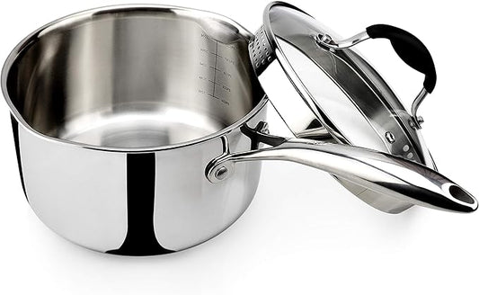 AVACRAFT Tri-Ply Stainless Steel Saucepan with Glass Strainer Lid, Two Side Spouts, Multipurpose Sauce Pan with Lid, Sauce Pot, Cooking Pot (Tri-Ply Full Body, 3.5 Quart)