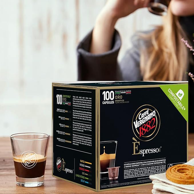 Caffe' Vergnano 1882 Medium Roast Espresso Original Line Machine Compatible Capsules, Arabica Robusta Espresso Coffee, Italian Coffee For Nespresso Coffee Machines, Intensity 4/10, Oro, 100 Ct