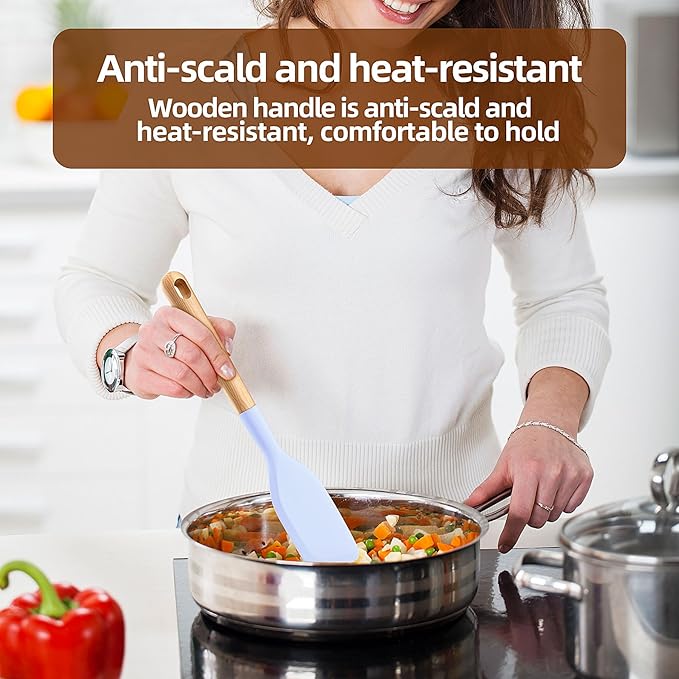 Wooden Handle Silicone Rubber Spatula Set for Kitchen Baking, Cooking, and Mixing High Heat Resistant Non Stick Dishwasher Safe BPA-Free Black+blue Set of 2 (Wooden handle spatula-Two-color)