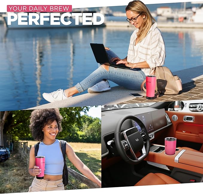 X Heated Coffee Mug 19 oz., 8 Hour Battery Life, Self-Heating, Adjustable Temp Controlled, LCD Screen, Includes Cover with Magnetic Slider (Black) (Hot Pink)