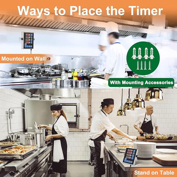 Kitchen Timers for Cooking – 4 Channel Commercial Kitchen Timer Restaurant Kitchen Supplies – Stainless Steel LED Technology Kitchen Timer Digital – Reminder Function, Loud Alarm, Black