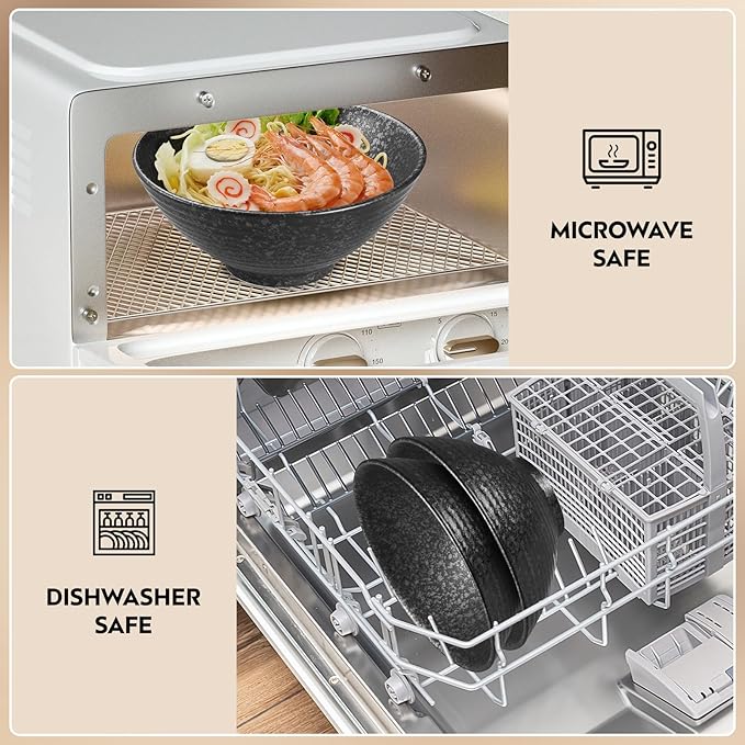 2 x 40 OZ ceramic ramen bowls, 8 IN large Japanese noodle soup bowl, match chopsticks and spoons, suitable for Pho, Udon Asian noodles (Black color 2 set)