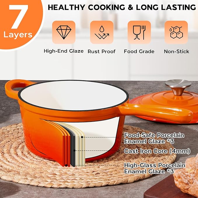Onader 2 Quart Saucepan with Lid, Enameled Cast Iron Sauce Pan, Small Cooking Sauce Pot, Enamel Dutch Oven Pot Nonstick – Sunset Orange