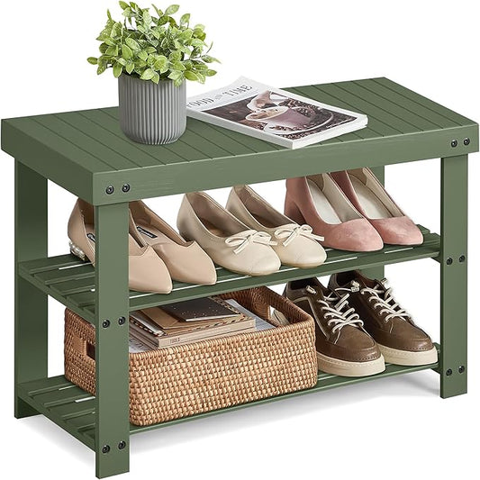 SONGMICS Shoe Rack Bench, 3-Tier Bamboo Shoe Storage Organizer, Entryway Bench, Holds Up to 286 lb, 11.3 x 27.6 x 17.8 Inches, for Entryway Bathroom Bedroom, Forest Green ULBS004C01