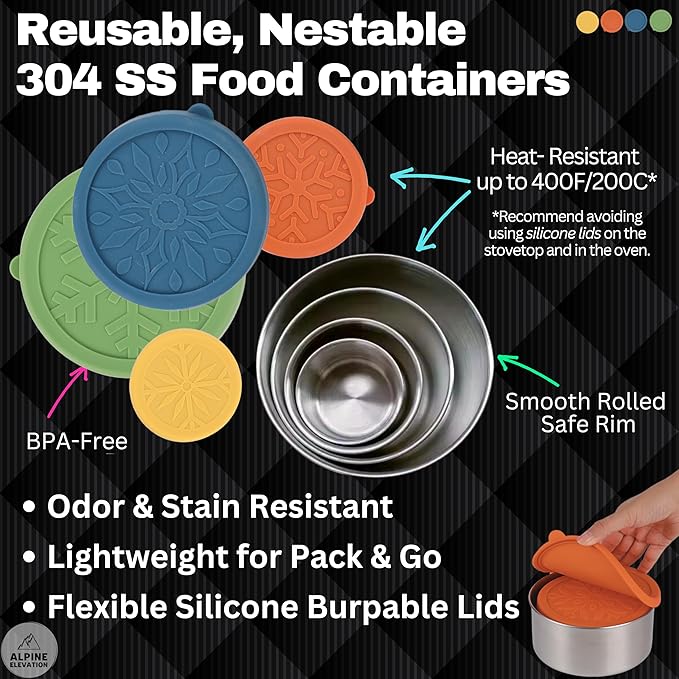 8 Pcs - 4 Stainless Steel Containers + 4 Silicone Lids | 304 Stainless Steel Snack Container | Nesting Snack and Dip Containers | Metal Food Storage