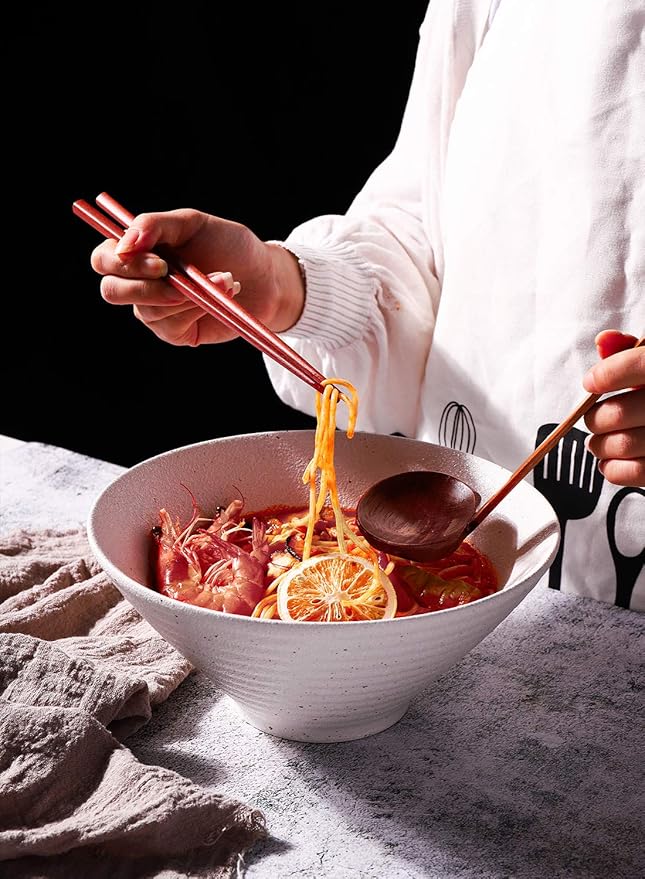 Kanwone Ceramic Japanese Ramen Bowl Set, Noodle Soup Bowls - 60 Ounce, with Matching Spoons and Chopsticks for Udon Soba Pho Asian Noodles, Set of 2, White