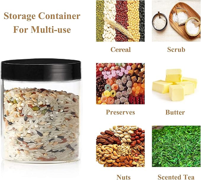 Plastic Jars with Lids Empty Slime Cosmetics Containers Clear Gift Food Jars Round PET Cream Jar with Black Lids Pen Labels for Kitchen Storage Spices Dry Food Body Butter Making(8OZ 32PCS)