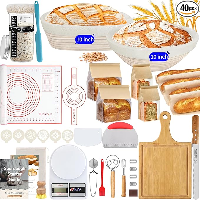 10 Inch Round & Oval Sourdough Proofing Basket Set, Banneton Bread Proofing Basket with Starter Jar, Sourdough Starter Kit Includes Bread Knife & Bread Board Natural Rattan for Perfect Loaves