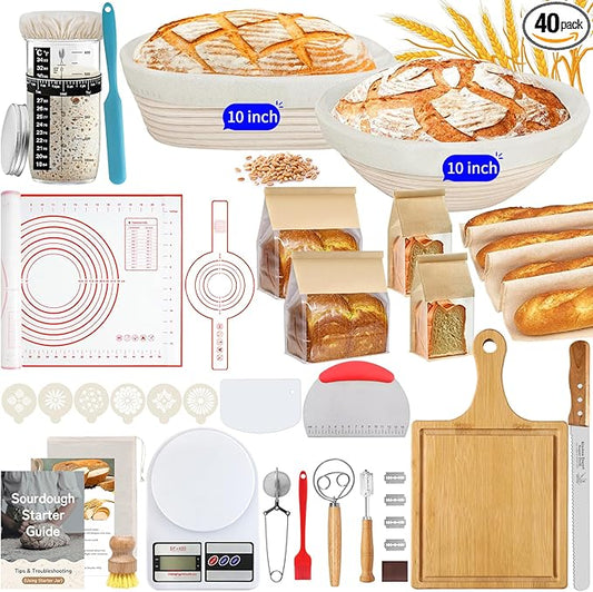 10 Inch Round & Oval Sourdough Proofing Basket Set, Banneton Bread Proofing Basket with Starter Jar, Sourdough Starter Kit Includes Bread Knife & Bread Board Natural Rattan for Perfect Loaves