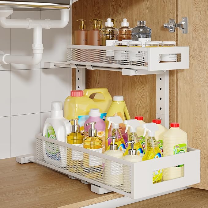 1 Pack 17IN Depth Under Sink Storage Organizer, Large 2-Tier Elegant Mesh Pull Out Shelf for Kitchen and Bathroom Cabinet Organization, L-Shaped and Adjustable Height Design-White