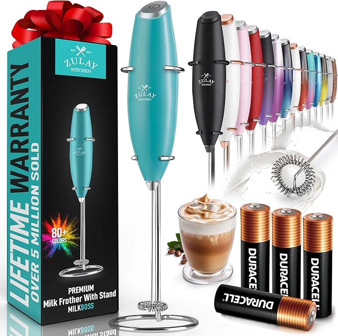Zulay Kitchen Powerful Milk Frother Wand With 4 AA Duracell Batteries - Ultra Fast Handheld Drink Mixer - Electric Whisk Foam Maker for Coffee, Lattes, Cappuccino, Matcha & Creamer