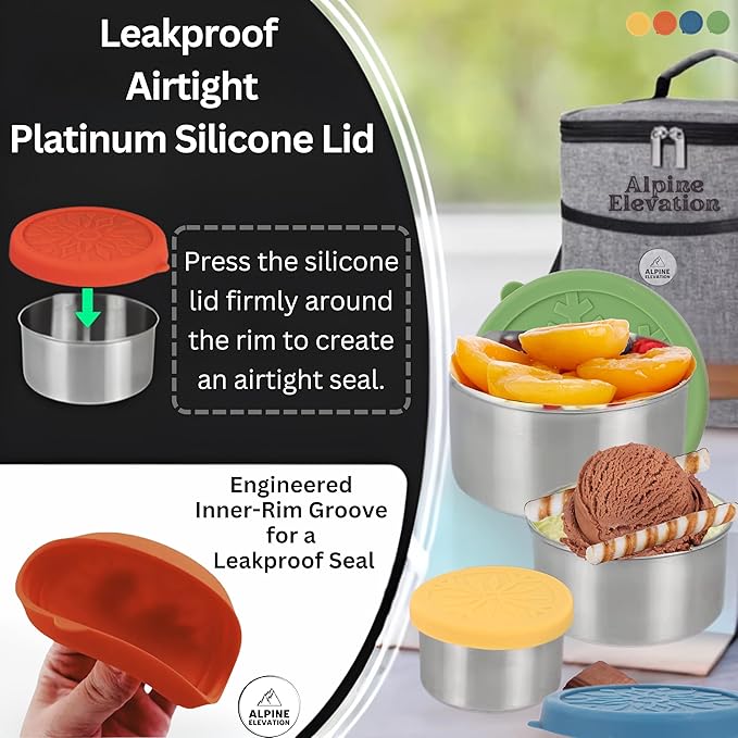 8 Pcs - 4 Stainless Steel Containers + 4 Silicone Lids | 304 Stainless Steel Snack Container | Nesting Snack and Dip Containers | Metal Food Storage