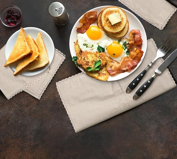 Natural Color Blend Cotton Linen Napkins Set of 12 - with Lace 18x18 Inch Decorative Elegant Washable Reusable Flax Dinner Napkin for Dining Table Décor Wedding Party Christmas New Year & Everyday Use