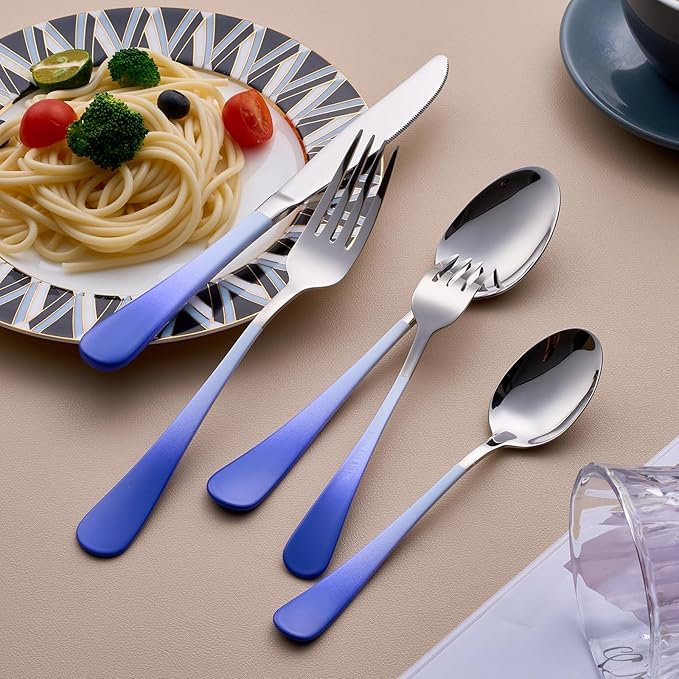 20-Piece White and Blue Silverware Set for 4, 18/0 Stainless Steel Flatware Cutlery Utensils Set, Includes Dinner Knives, Forks, Spoons, Salad Forks, Teaspoons, Dishwasher Safe