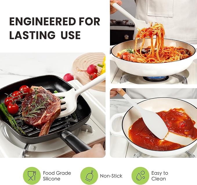 Large Silicone Cooking Utensils Set 7 Pcs, Wooden Handles Heat Resistant Spatula Set, Food Grade Silicone Kitchen Utensils Set with Holder, Gadgets BPA Free for Non-Stick Cookware