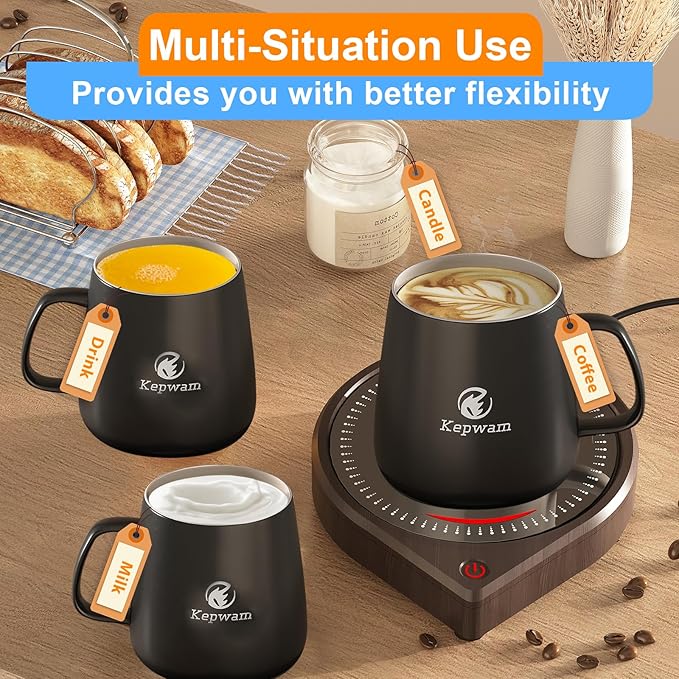 Coffee Mug Warmer & Kepwam Mug Set, 3 Temp Settings up to 167℉, Gravity Sensor & Light Display, Cup Warmer with 6H Auto Shut Off, Idealt Gift for Dad Mom, Beverage Warmer for Heats Coffee, Tea & More