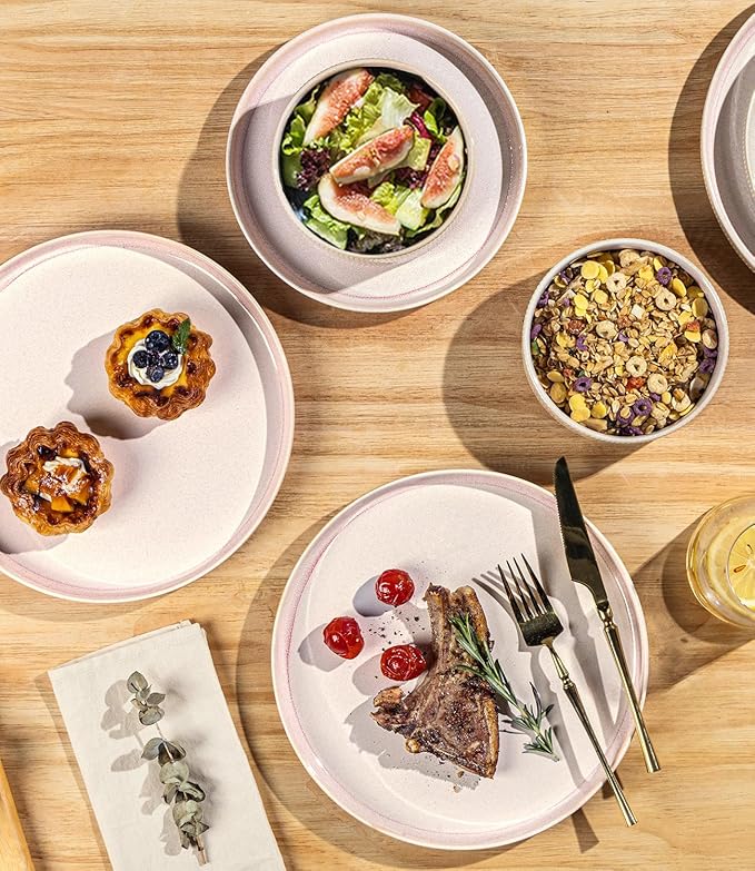 TheTerra Ceramic Dinnerware Sets for 8, 24 Pieces Porcelain Lightweight Speckled Plates and Bowls Sets, Scratch Resistant Dish Set, Oven & Microwave & Dishwasher Safe, Primrose Pink