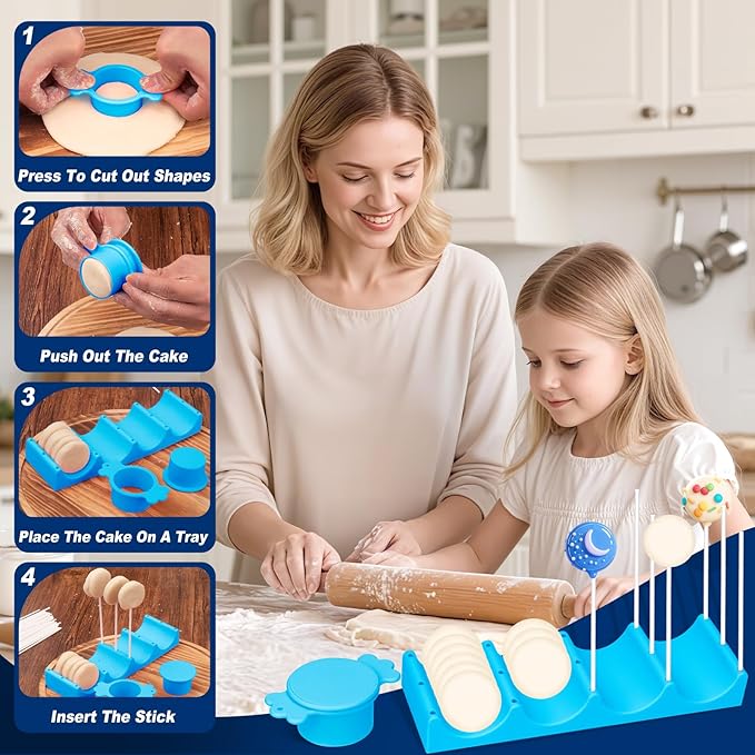 Silicone Cake Pop Mold Set, Round Cake Pop Cutter with Pusher, Tray and 50 Sticks, 15-Hole Cake Pop Holder, DIY Baking Molds Kit for Parties, Wedding, Home Desserts Making - Blue