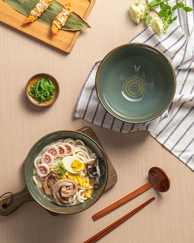 Large Japanese Ramen Bowl Set of 4, Material Safety Ceramic Ramen Bowls with Matching Chopsticks and Spoons, 8 Inch 40oz Pho Bowls Ramen Noodle Bowl for Asian Udon Soup Salad Cereal(Retro Cyan)