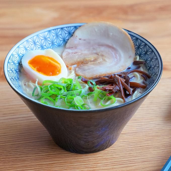 Asayu Japan Asanoha Indigo Ceramic Bowl – Medium Japanese Ramen, Rice, Soup & Salad Bowl with Traditional Leaf Pattern, Made in Japan