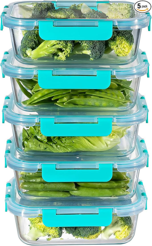 MFY 5-Pack 36 OZ Glass Storage Containers with Lids, Glass Meal Prep Containers Set, Airtight Lunch Containers with Lids, Microwave, Oven, Freezer and Dishwasher Safe, Green