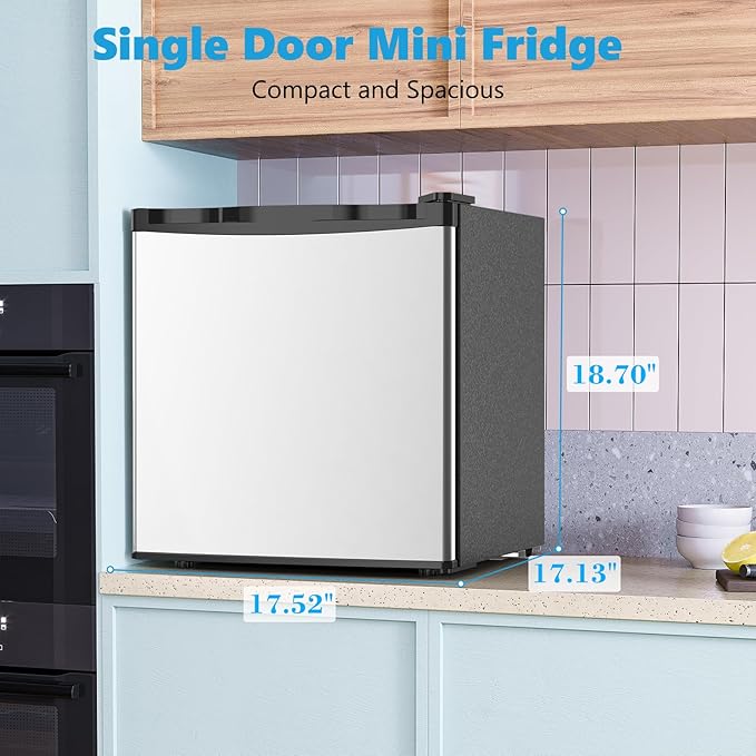 1.6 Cu.ft Mini Fridge with Freezer, Compact Refrigerator, Single Reversible Door, Ultra Quiet, Energy Efficient for Office, Dorm, Bedroom, Apartment, Silver