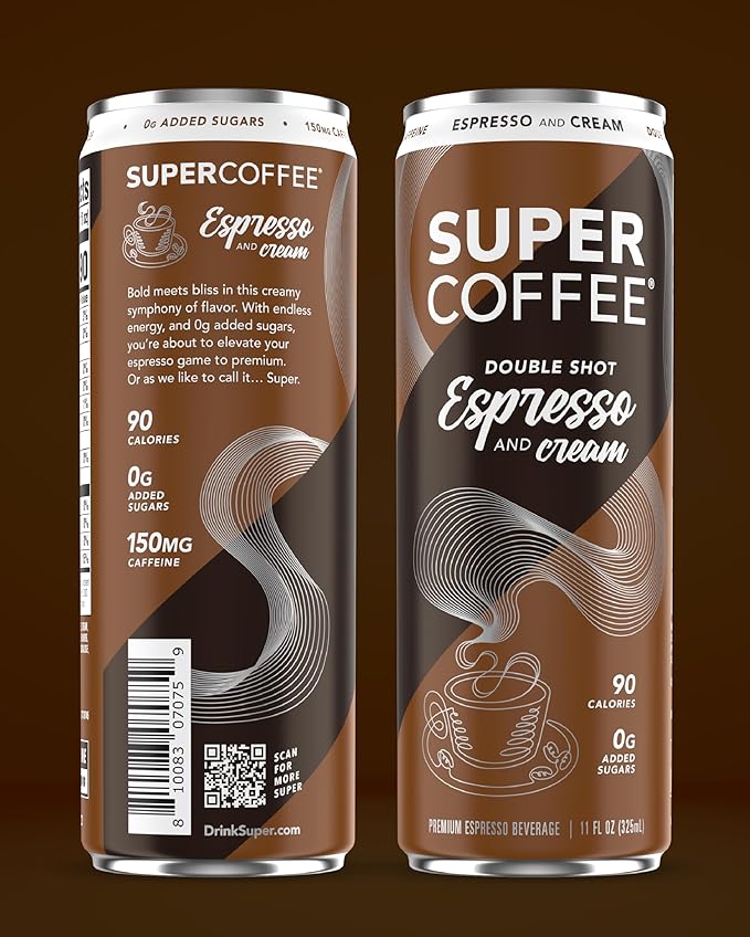 SUPER COFFEE Espresso, Iced Keto Coffee (0g Added Sugar, 90 Calories) [Espresso & Cream] 11 Fl Oz, 12 Pack | Iced Smart Coffee - SoyFree GlutenFree