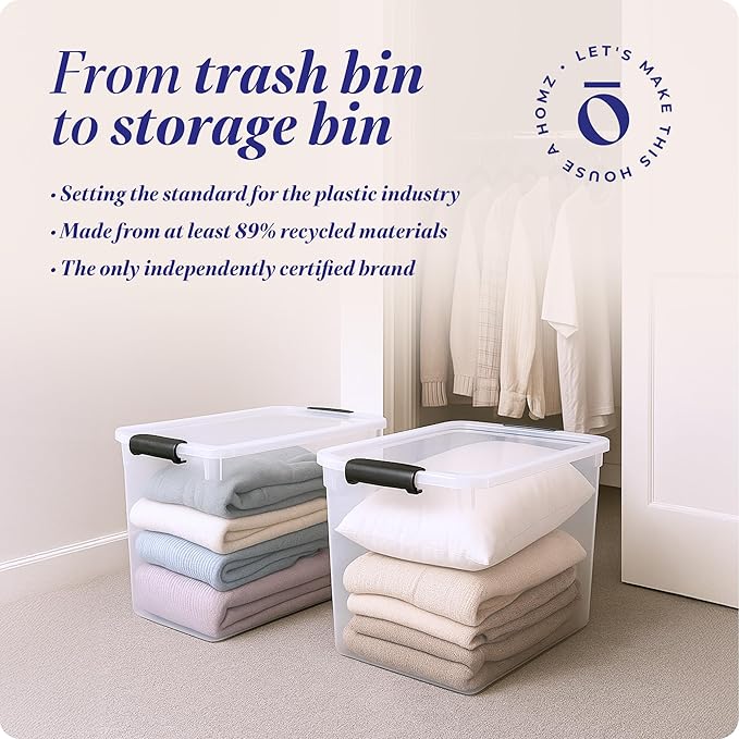 HOMZ 2-Pack Latching Lid, Large Clear Plastic Storage Bins w/Lids, 112 Quart, Gray Latch - Stackable Container Boxes for Home, Bathroom, and Office Organization