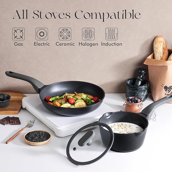 PRICUSIS Nonstick Saucepan with Lid, 2 Quart Non Toxic Pot with Pour Spouts, Full Coated, 100% Dishwasher Safe, Induction Compatible & Oven Safe, PTFE & PFOA Free, Black Sesame