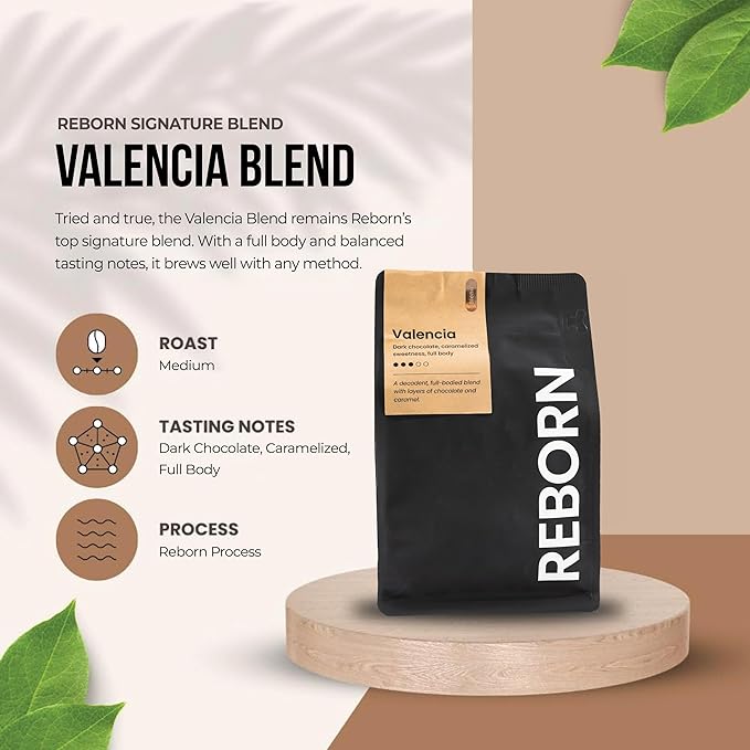 Reborn Coffee Specialty Whole Bean Coffee, Medium Roast, 12 Ounce, Premium Valencia Signature Blend, Flavor Notes of Chocolate, Nut, and Fruit