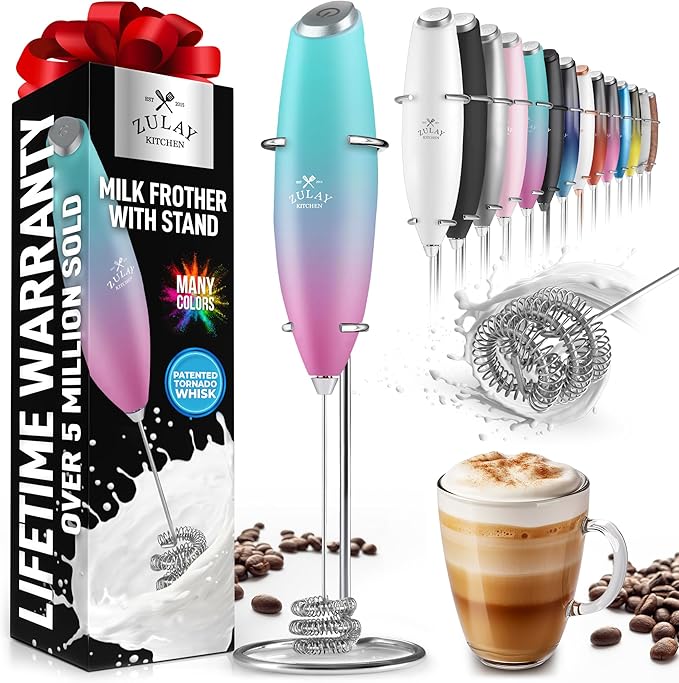 Zulay Kitchen Milk Frother with Patented Tornado Triple Whisk – Handheld Foam Maker for Coffee, Lattes, Matcha & Hot Chocolate – Rich, Creamy Froth in Seconds