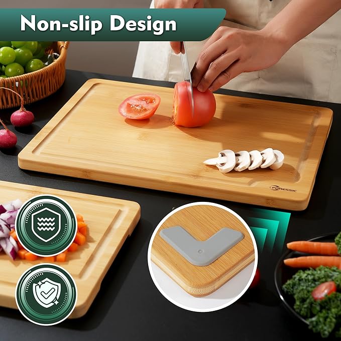Bamboo Cutting Board, Durable Wood Cutting Boards for Kitchen Set 3 Packs with Non Slip Feet Holder and Over Sink Solid Thick Reversible Large Big Small Vegetables Fruits Kitchen Gifts (Natural)