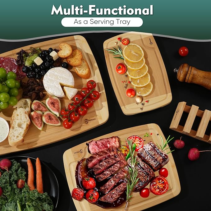 Bamboo Cutting Board Natural Bamboo Set With Smooth Surface 4 Packs with Non Slip Feet Holder and Over Sink Solid Thick Durable Wood Charcuterie Serving Tray Meat, Fruit, Vegetables & Cheese