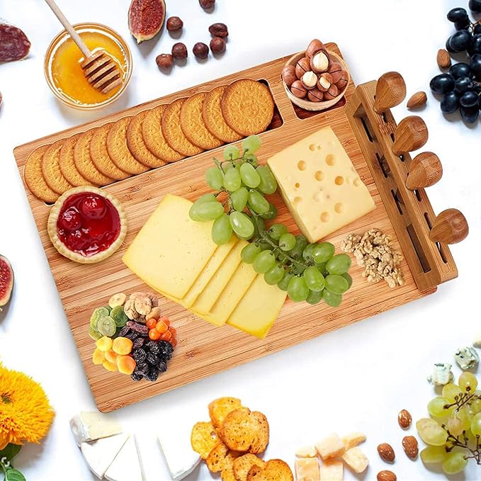 Bamboo Cheese Board Set, Cheese Tray, Charcuterie Board and Serving Meat Platter with 4 Stainless Steel Cheese Knives, Ideal for Wedding Gifts Christmas Birthday Party (14''x11'')