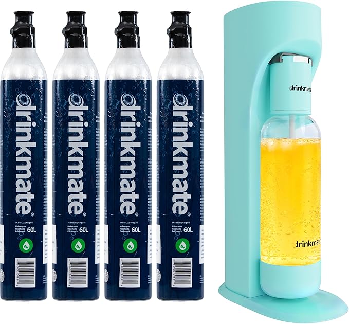 Drinkmate OmniFizz Sparkling Beverage Maker CO2 Bundle - Sparkling Water/Soda Streaming Machine That Carbonates Any Drink - Includes 4 CO2 Cylinders, 1 Carbonation Bottle, 1 Fizz Infuser - Arctic Blue