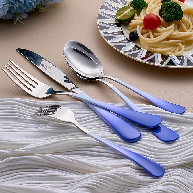 20-Piece White and Blue Silverware Set for 4, 18/0 Stainless Steel Flatware Cutlery Utensils Set, Includes Dinner Knives, Forks, Spoons, Salad Forks, Teaspoons, Dishwasher Safe