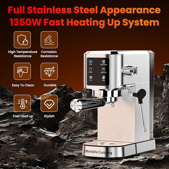 Espresso Machine 20 Bar,Touchscreen Espresso Maker with Steam Milk Frother, Stainless Steel Expresso Coffee Machine for Home with Removable Water Tank for Cappuccino Latte,Cold Brew,Long Coffee