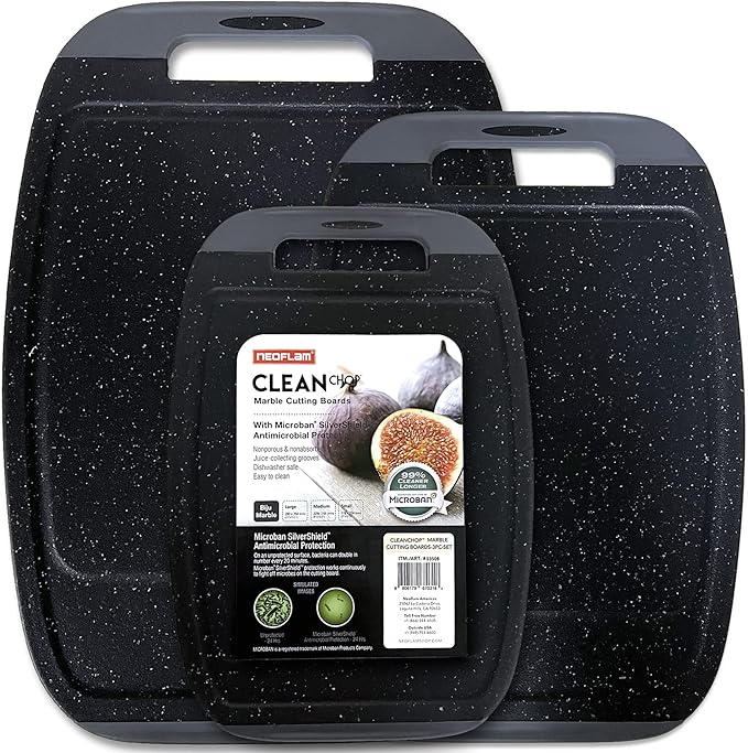 Neoflam Microban Antimicrobial Plastic Cutting Board 3 Sets, BPA Free, Non-Slip EZ Grip Handle, Dishwasher Safe, with Juice Groove
