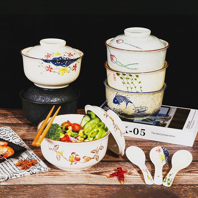 Ceramic Ramen Bowl Set, 800ml, with Lid, Spoon and Chopsticks, Japanese Vintage Large Soup Bowls Instant Noodle Bowl Asian Tableware (Dird*2)