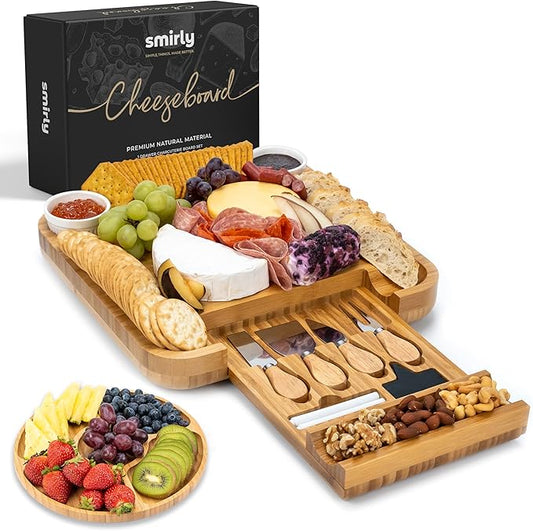 Smirly Charcuterie Board Set - Large Bamboo Cheese Board for Serving - House Warming Gifts New Home, Wedding & Bridal Shower Gift, Birthday Gift for Women