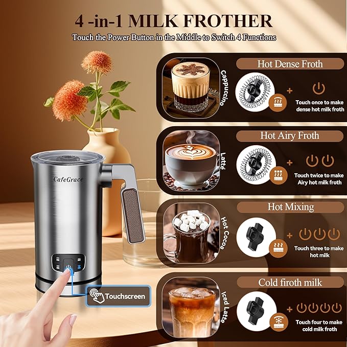 Milk Frother for Coffee, 4-in-1 Milk Frother and Steamer, Warm and Cold Foam Frother for Latte Cappuccinos Café Au Lait Hot Chocolate Matcha, Non-stick Coating Interior