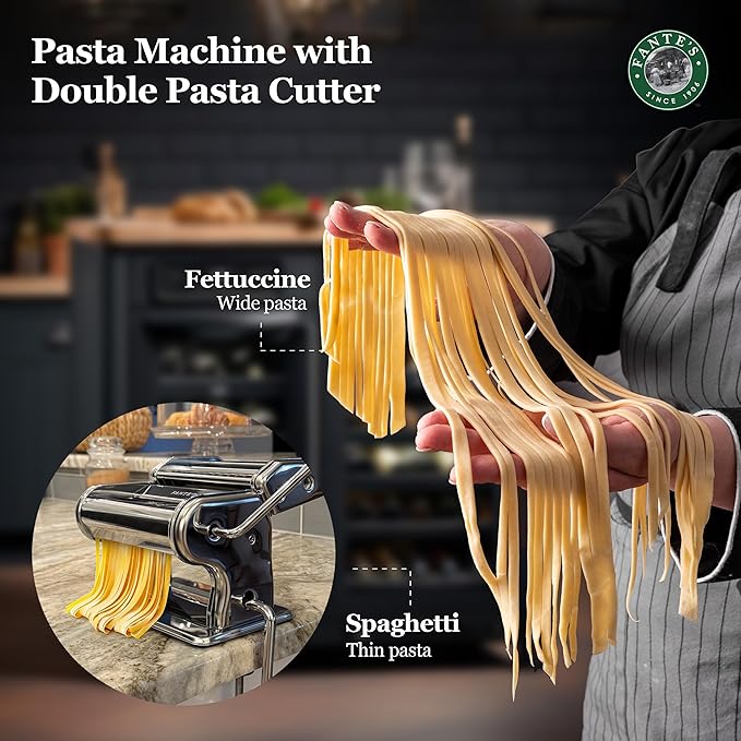 Fante’s Double Cutter Classic Pasta Maker, Hand-Crank Noodle Press with Adjustable Thickness Settings for Fresh Homemade Pasta, Dumplings