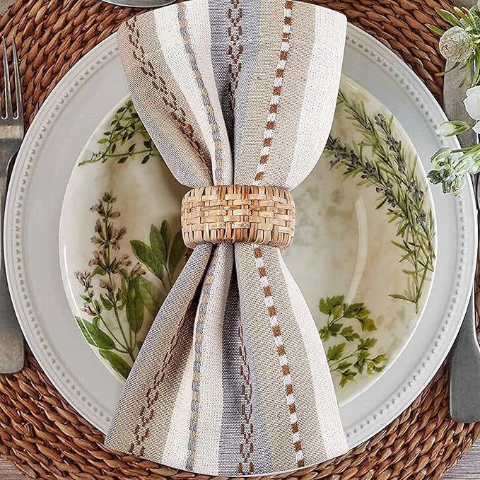 Multi Color Stripes Cotton Hemstich Napkin, Decorative Wedding Cocktail Mashine Washable Dinner Napkins with Mitered Corners - Pack of 12-18x18 Inch - Ivory Multi