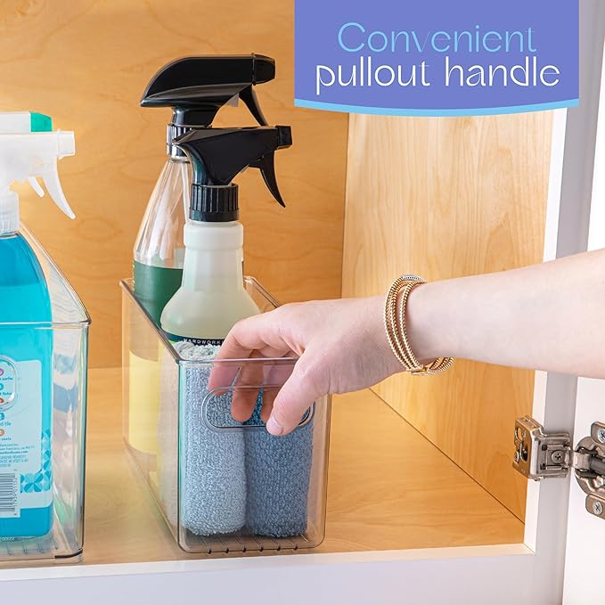 6 pack Clear Plastic Storage Container Bin with Integrated Easy Grip Handles. For Kitchen, Fridge, Freezer, Cabinet, Pantry, Bathroom Organization. 10"x4"x5"