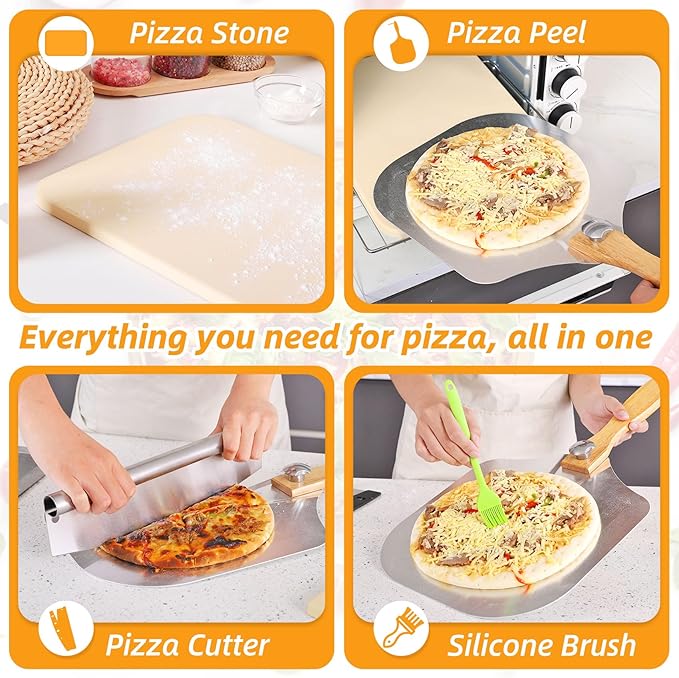 GOFOWEK Pizza Stone 5 PCS Set, 15 x 12" Large Rectangle Pizza Stone Set for Oven and Grill with Metal Pizza Peels & Cutter Rocker, 0.6'' Thickened Stone Pizza Pan, Baking Stone for Pizza, Bread