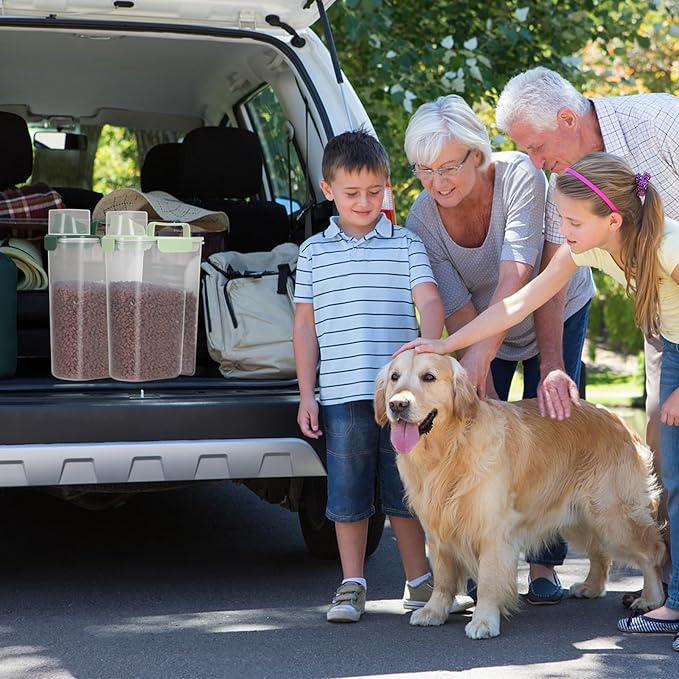 Dog Food Storage Container, Upgraded Large Nozzle BPA-free, 3-5 LBS Plastic Pet Food Storage Containers, With 4 Sealed Clasps, 1 Measuring Cup and Handle (Green+Dark Green)